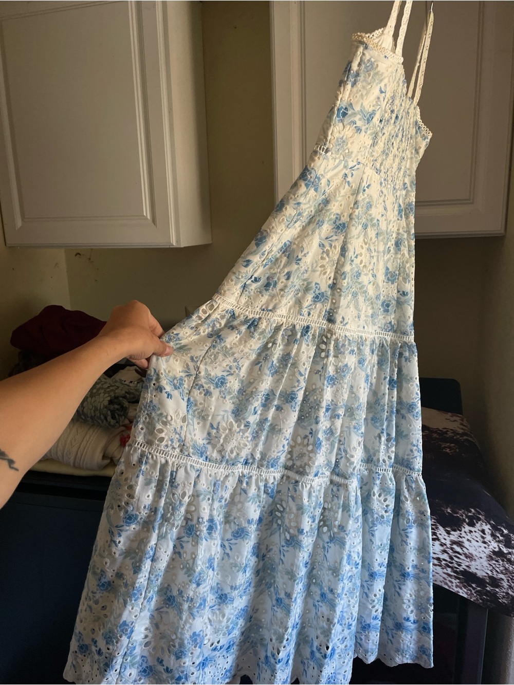 Astr Floral Eyelet Maxi Dress in White and Light Blue - Picture 2 of 4